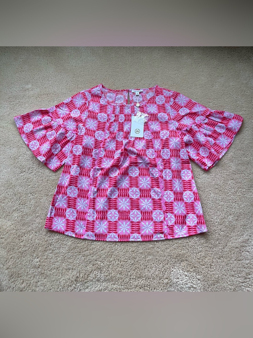 NWT Mary Square Pink White & Red Print Jane Top w/ Flutter Sleeves - Size S